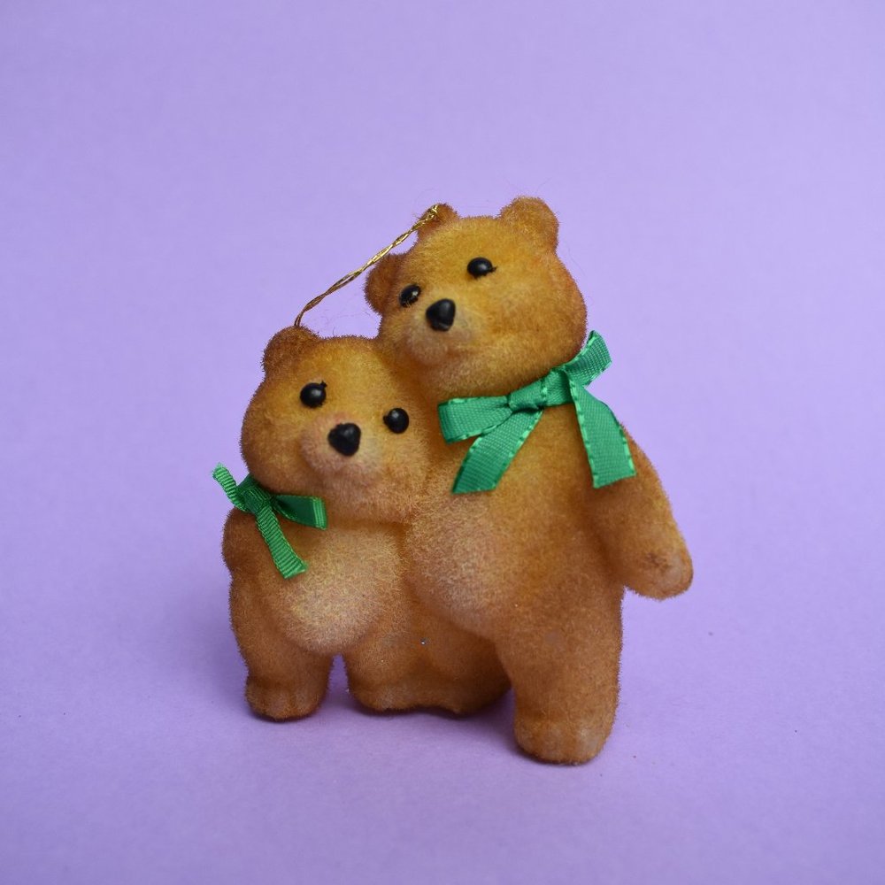 Vintage ornament - Flocked Bear duo